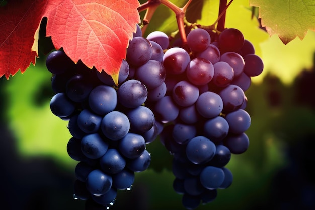 Grão de uva em close-up fundo realista grão de uvas vermelhas e pretas em galho de videira em macro close-up