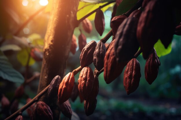 Foto grãos de cacau maduros crescem numa árvore