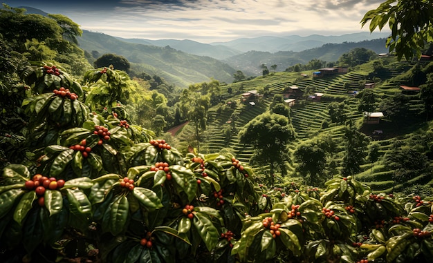 Grãos de café amadurecendo em uma pitoresca plantação de café em alta altitude