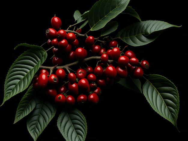 Grãos de café arábica vermelho maduro em um ramo com folhas verdes em um fundo preto