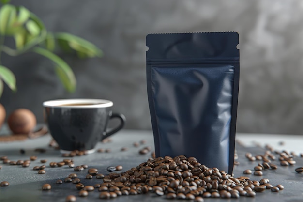Grãos de café assados escuros em bolsa preta com xícara