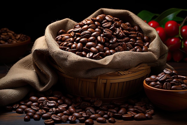 Grãos de café caindo em cascata de um saco de lã