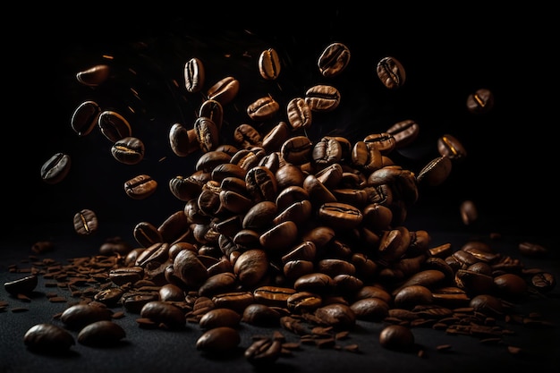 grãos de café caindo em um fundo preto