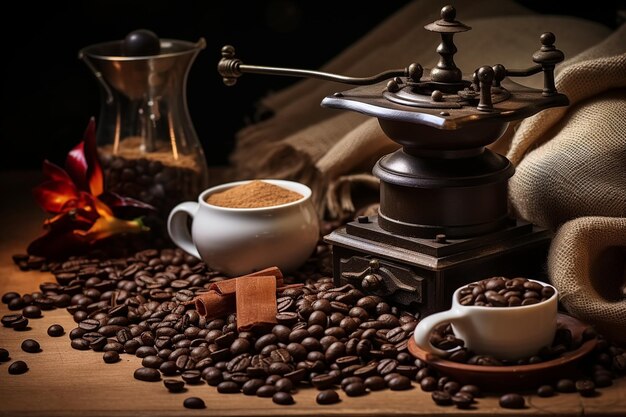 grãos de café com adereços para fazer café