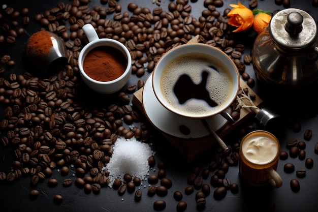 Foto grãos de café com adereços para fazer café
