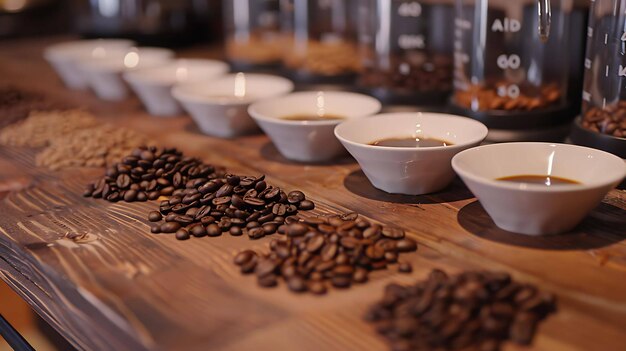 Foto grãos de café e copos em uma mesa de madeira conceito de degustação de café