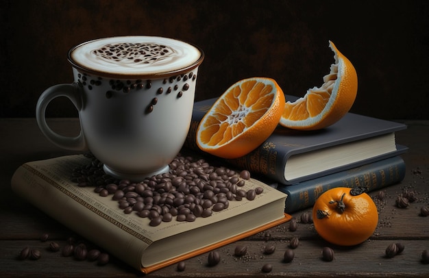 Grãos de café e uma fatia de laranja decoram um café com leite sobre um livro