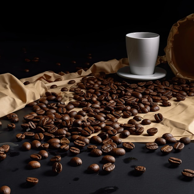 Grãos de café e uma xícara de café em um fundo preto