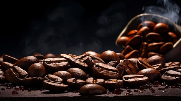 Grãos de café em close em fundo escuro