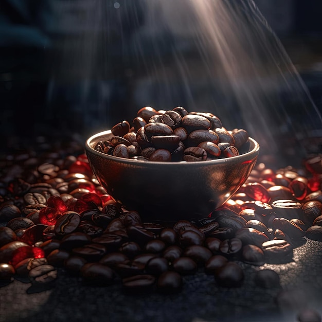 grãos de café em close-up em um fundo escuro