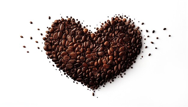 Grãos de café em forma de coração em um fundo branco com Generative AI