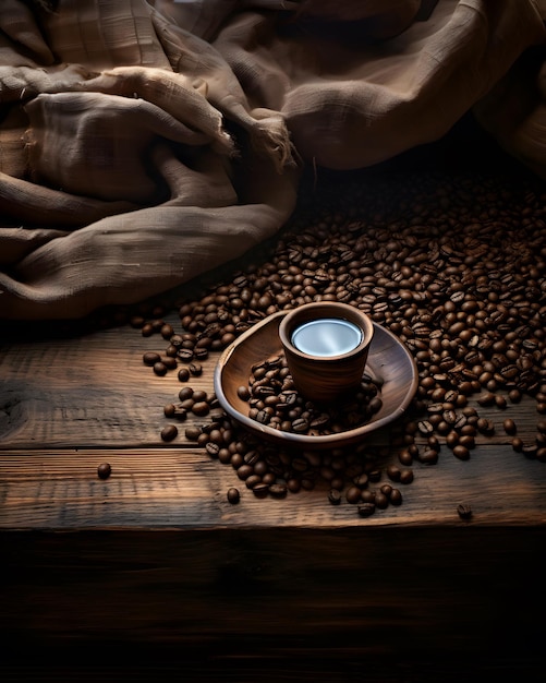 grãos de café em mesa de madeira