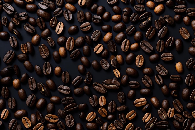 Grãos de café em um closeup de fundo preto