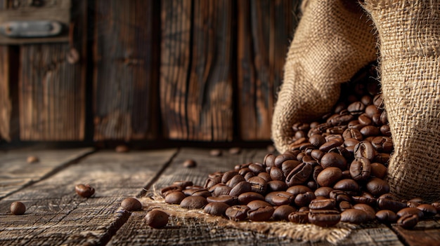 Grãos de café em um saco de lã sobre um fundo de madeira