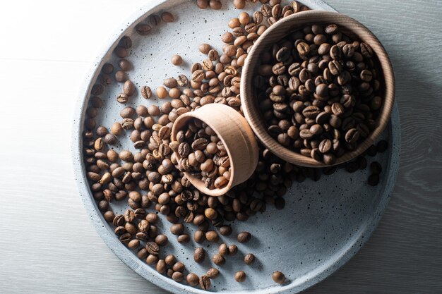 grãos de café em uma bandeja cinza.