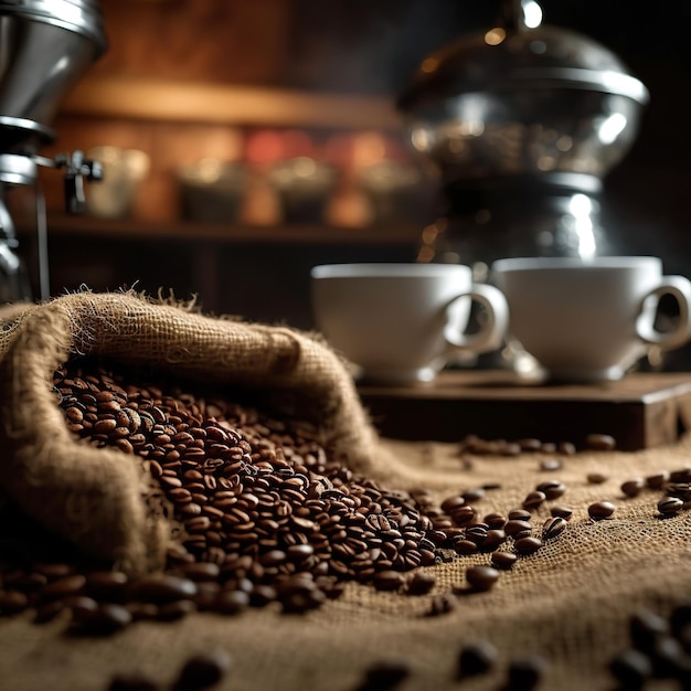 grãos de café em uma linda mesa rústica de serapilheira