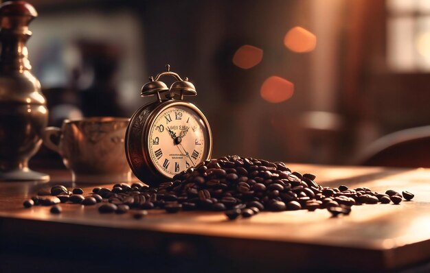 Foto grãos de café em uma mesa perto de um despertador