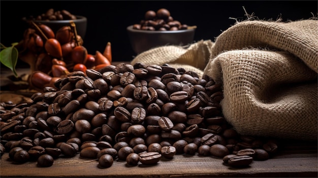 Grãos de café em uma tigela de madeira em um antigo fundo de mesa de madeira