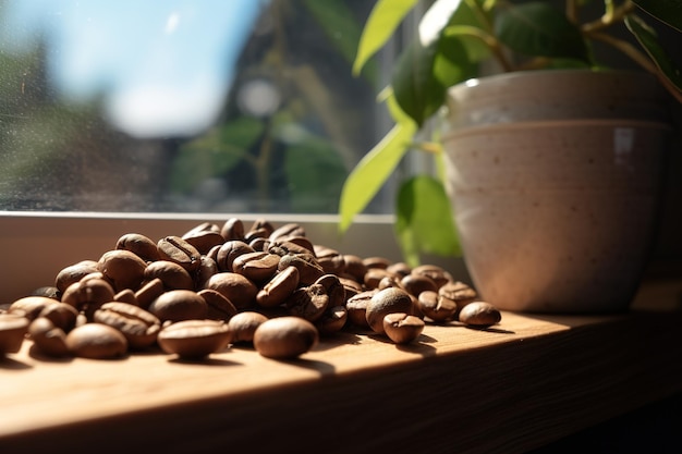 Grãos de café em uma tigela no peitoril de uma janela banhados em luz natural
