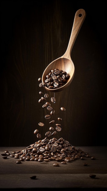 Grãos de café estão voando entre o fundo marrom Imagem generativa de IA