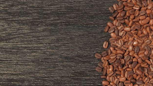Grãos de café na imagem de fundo do deck de madeira