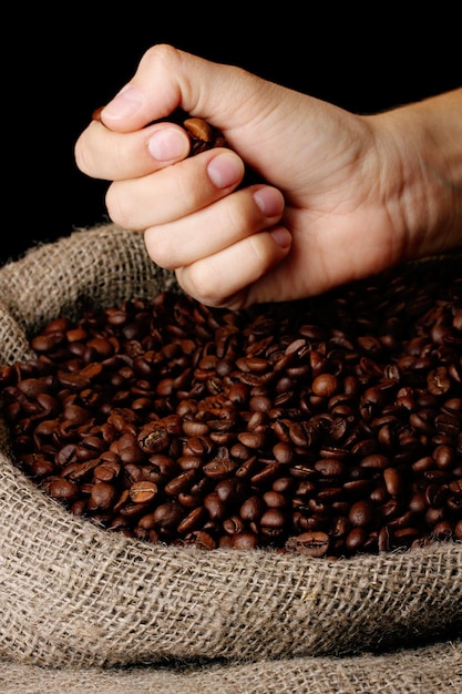Foto grãos de café na mão em fundo escuro