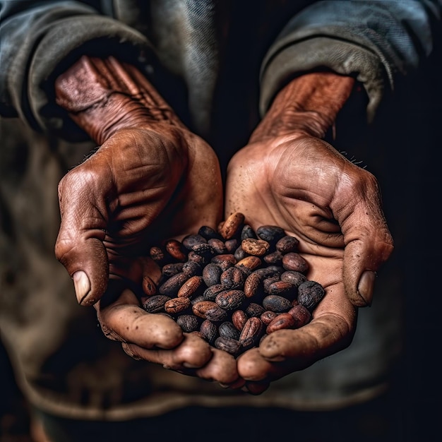 Grãos de café nas mãos de um homem