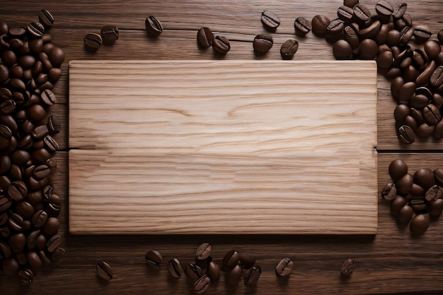 Grãos de café no modelo de banner de mesa de madeira