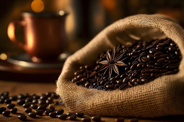 Grãos de café pretos torrados em um saco de serapilheira estão sobre uma mesa de madeira Café aromático fresco está espalhado na serapilheira