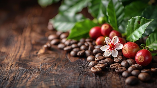 Grãos de café reais em uma mesa de madeira com flores e folhas de frutos de café reais Grãs de café vermelhos em um ramo de uma árvore de café