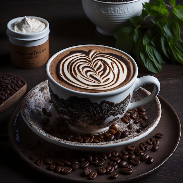 Grãos de café recém-derramados lindamente dispostos em um padrão simétrico