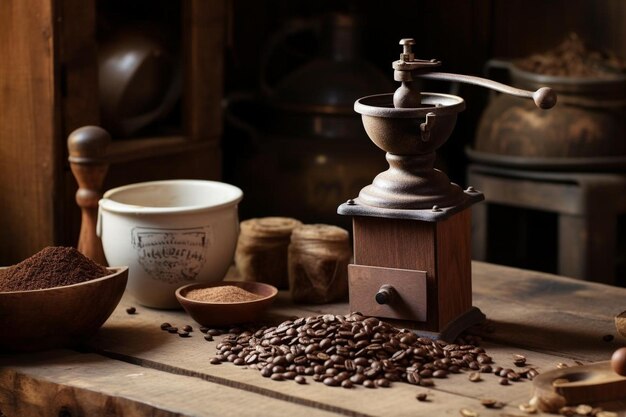 Foto grãos de café sendo moídos em um moinho antiquado