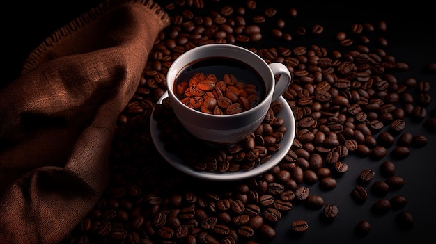 Grãos de café sobre uma mesa com uma xícara de café por cima