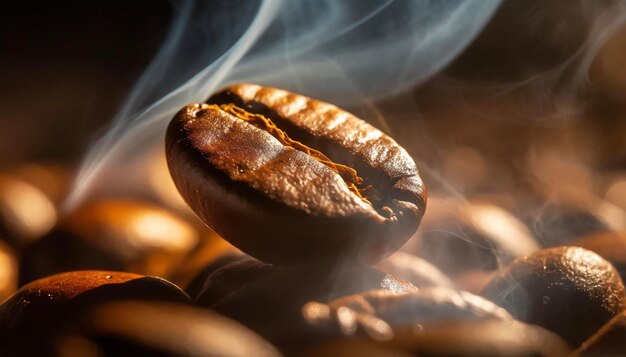 Foto grãos de café torrados com fumaça em um close de fundo escuro