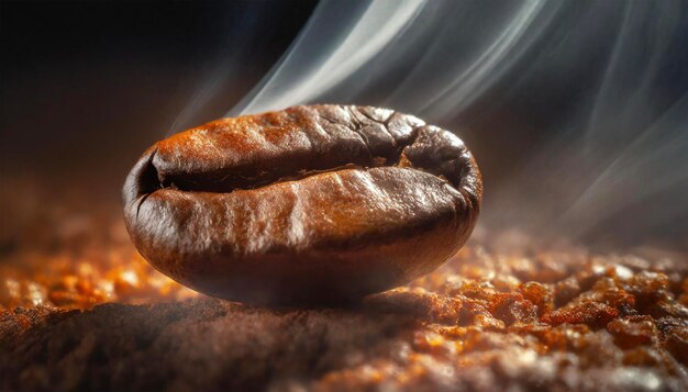 Foto grãos de café torrados com fumaça em um close de fundo escuro