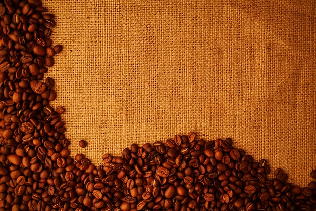 Grãos de café torrados em pano de saco fundo