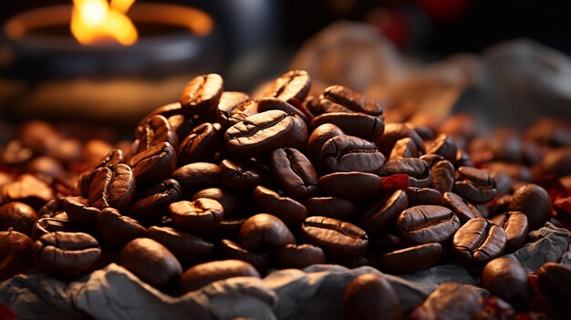 grãos de café torrados numa bandeja de madeira