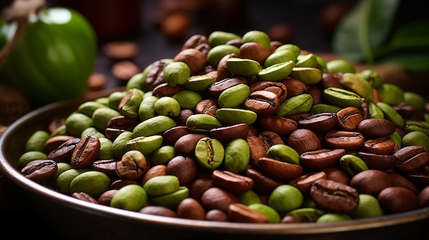 grãos de café verde em uma panela de cobre perto de saúde