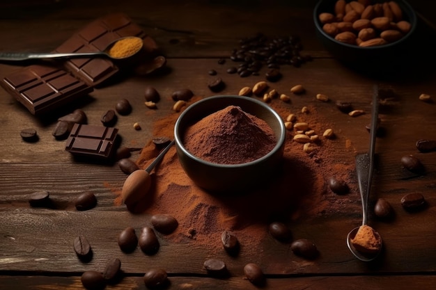 Grãos de chocolate e cacau em pó em uma mesa de madeira Criado com tecnologia generativa de IA