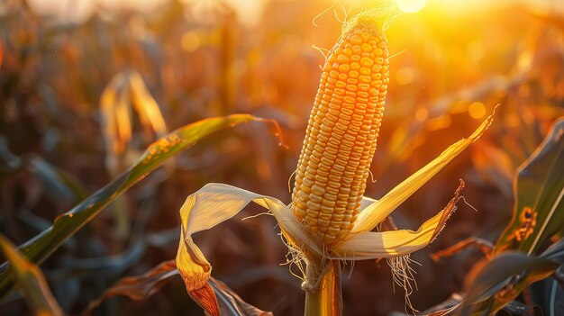 Foto grãos de milho maduros em um campo retroiluminado pelo pôr-do-sol generative ai