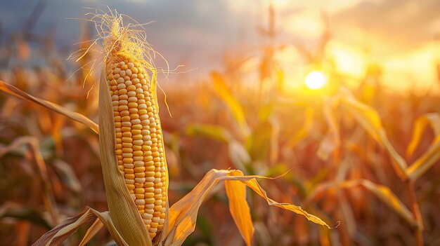 Foto grãos de milho maduros em um campo retroiluminado pelo pôr-do-sol generative ai