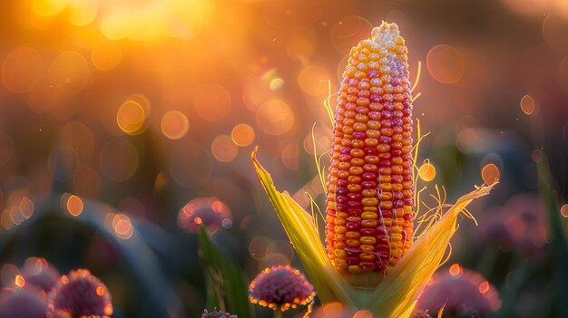 Foto grãos de milho maduros em um campo retroiluminado pelo pôr-do-sol generative ai