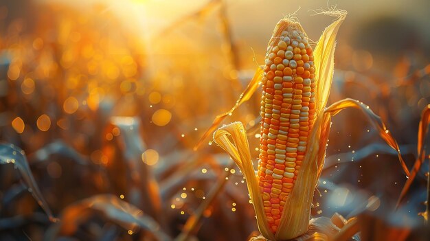 Foto grãos de milho maduros em um campo retroiluminado pelo pôr-do-sol generative ai