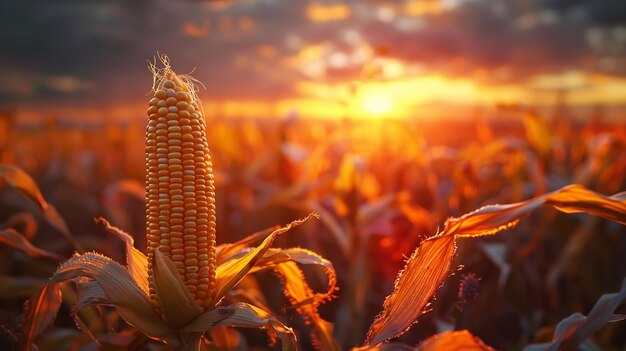 Foto grãos de milho maduros em um campo retroiluminado pelo pôr-do-sol generative ai