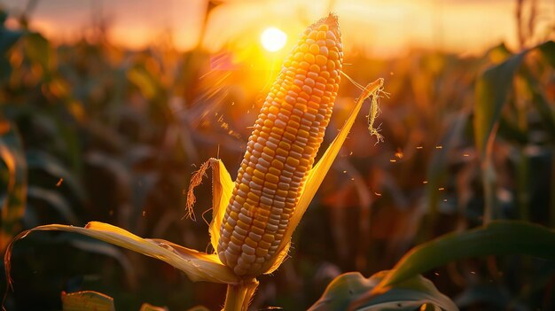 Foto grãos de milho maduros em um campo retroiluminado pelo pôr-do-sol generative ai