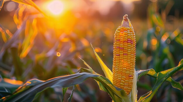 Foto grãos de milho maduros em um campo retroiluminado pelo pôr-do-sol generative ai