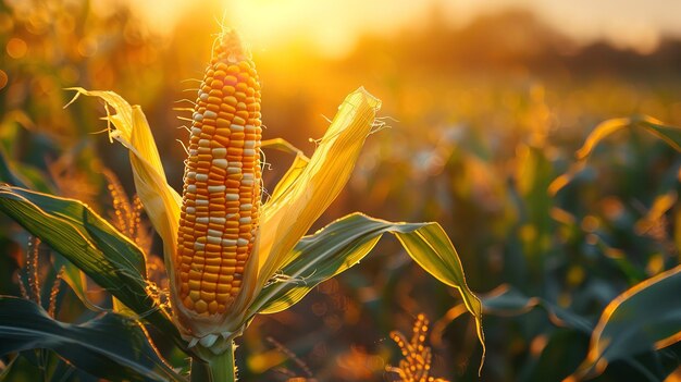 Foto grãos de milho maduros em um campo retroiluminado pelo pôr-do-sol generative ai