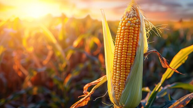 Foto grãos de milho maduros em um campo retroiluminado pelo pôr-do-sol generative ai