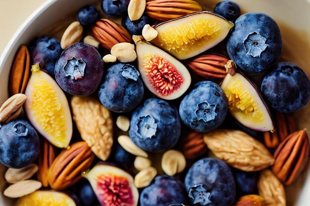 Grãos de nozes barra de granola sobrecarga e mirtilos frescos para dieta de café da manhã