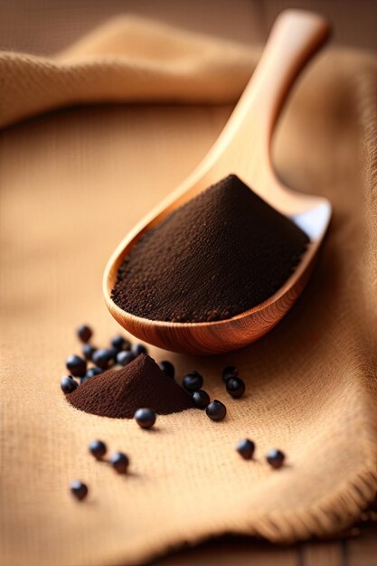 Foto grãos de pimenta preta em colher de madeira em fundo de burlap